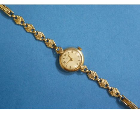 A 9ct gold Rotary lady's dress Wristwatch, engraved inscription for 1966, on foliate hexagonal link bracelet, ¾in (19mm) diam