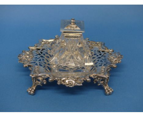 A Victorian silver Inkstand, by Henry Wilkinson &amp; Co., hallmarked Sheffield, 1851, of pierced diamond shape with foliate 