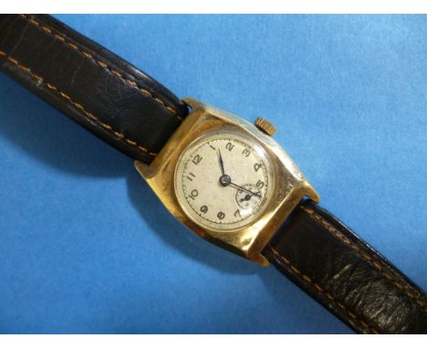 A vintage 9ct gold cased lady's Wrist Watch, of shaped rectangular form with circular dial, Swiss 15-jewels movement, on old-