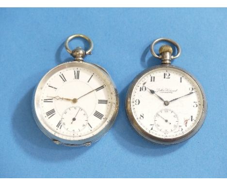 A silver cased open face, the white enamel dial with black Arabic numerals, subsidiary seconds and signed 'John Vincent, Weym