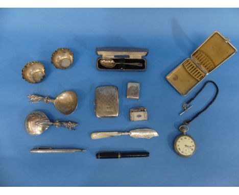 A mixed quantity of silver Items, including a small travelling silver cased watch, hallmarked Birmingham, 1937, a pair of Vic