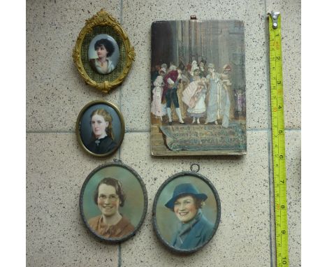 Five various miniature portrait paintings and over painted photographs (5)
