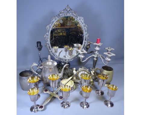 EPNS - candelabra, goblets and a brass oval swing dressing table mirror ETC