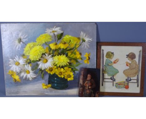 MARION CHAPMAN oil on board, unframed - still life flowers in a vase, a framed print - two little girls seated with a ball of