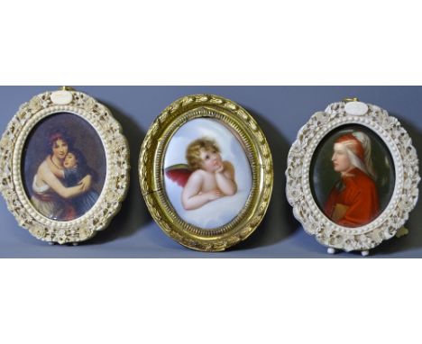 PAIR OF OVAL, 19TH CENTURY IVORY FRAMES and a brass example, one containing a painted porcelain classical portrait, the other