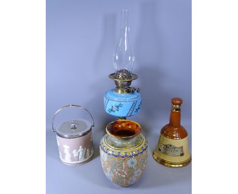 WEDGWOOD JASPERWARE A BISCUIT BARREL, Doulton Slaters vase, a brass based oil lamp and a Wade whiskey bottle