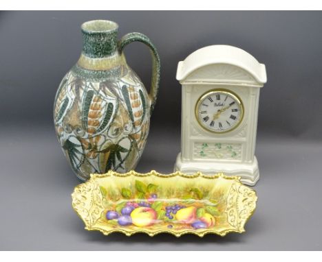 BELLEEK MANTEL CLOCK, Aynsley fruit decorated oblong dish and Glyn Colledge Bourne Denby jug, 32cms H