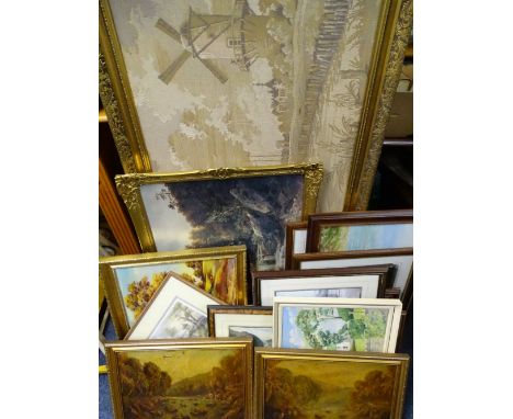LARGE GILT FRAMED TAPESTRY, 73 x 144cms overall and a large parcel of assorted paintings and prints