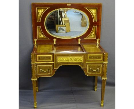 LOUIS XVI STYLE KINGWOOD, INLAID &amp; GILT ORMOLU WRITING DESK, the gilt brass rectangular top with hatch inlay to a central