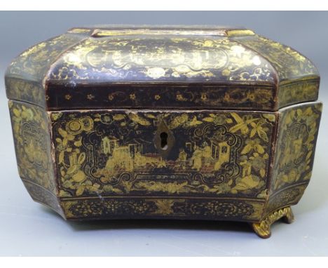 LACQUERED TEA CADDY with gilt oriental decoration, interior pewter containers with lids (restoration/replacement of feet ETC)