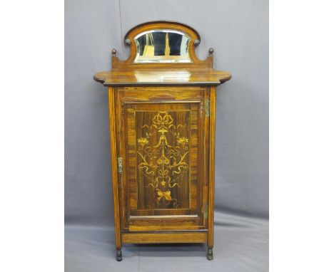 CIRCA 1900 INLAID ROSEWOOD MIRRORED MUSIC CABINET, the shaped back rail with bevel edged mirror and Acorn finial caps above a