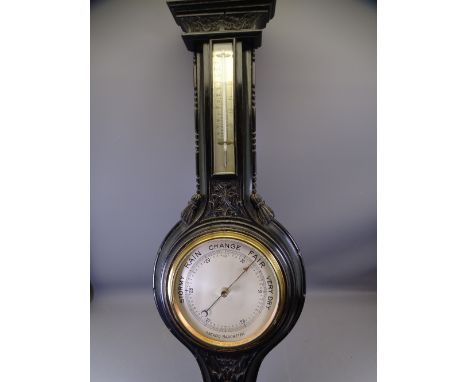 VICTORIAN EBONISED OAK ANEROID WALL BAROMETER WITH THERMOMETER, 98cms H