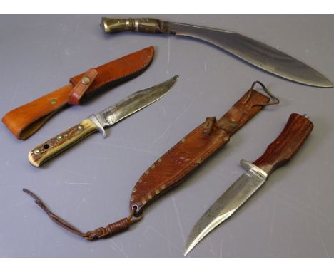 THREE HUNTING KNIVES including a horn handled example with finger guard, the blade marked 'Original Hunting Bowie', 27.5cms o
