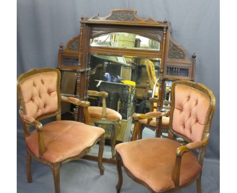 EDWARDIAN OVERMANTLE MIRROR and reproduction button back upholstered armchairs, 135.5cms H, 118.5cms W, 14cms D the mirror