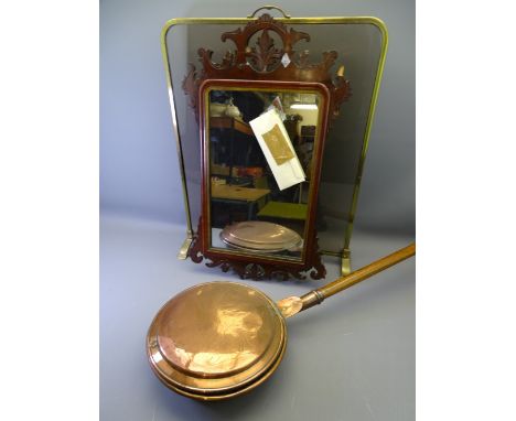 ANTIQUE COPPER WARMING PAN with patterned lid and turned handle, a brass framed glass firescreen and a Georgian mahogany styl