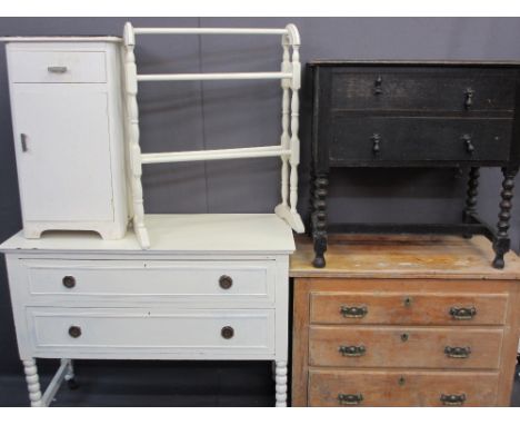 STRIPPED PINE &amp; PAINTED BEDROOM FURNITURE, five items to include a three-drawer stripped pine chest, two two drawer chest