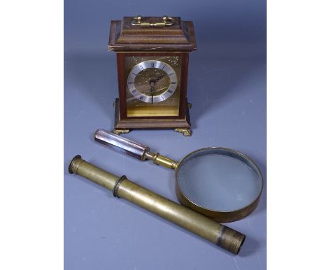 BRASSWARE, magnifying glass, heavy quality with mother of pearl handle and a small brass telescope and mantel clock