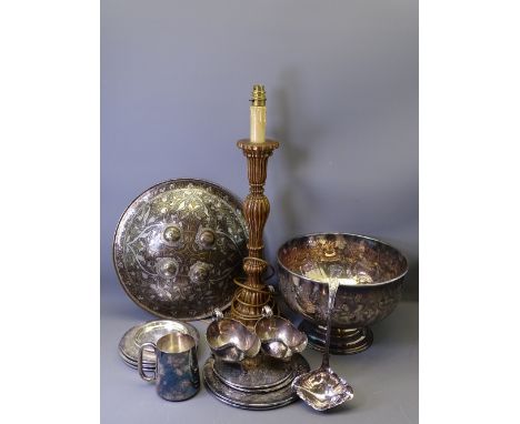 EMBOSSED PUNCH BOWL &amp; LADLE, pair of gravy boats, circular Persian type shield, circular place mats and a composite decor