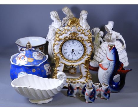 JULIANA MANTEL CLOCK, composition Parian type figures, planters ETC