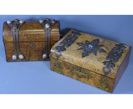 A WALNUT DOME TOPPED CADDY, 16cms H, 24cms W, 11cms D and a box, both set with cabochon hard stones