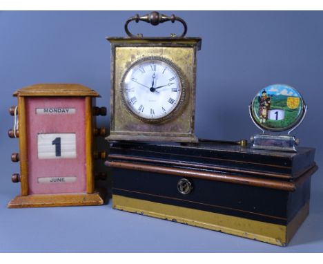 VINTAGE OAK DESKTOP CALENDAR, another Scottish themed desktop calendar, cash box and a mantel clock