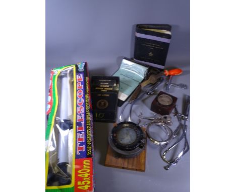 GIMBAL COMPASS ON A WOODEN PLINTH, boxed telescope and an assortment of other collectables and home furnishings including a h