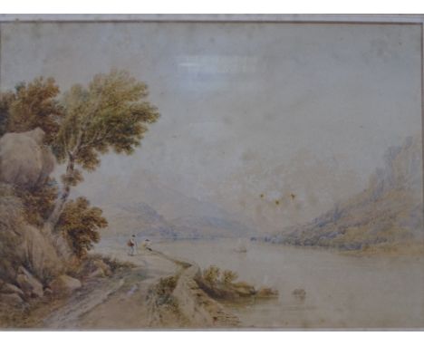 ANTHONY VAN DYKE COPLEY FIELDING watercolour - lake scene with two figures fishing on a track, signed and dated 1849, 24 x 33