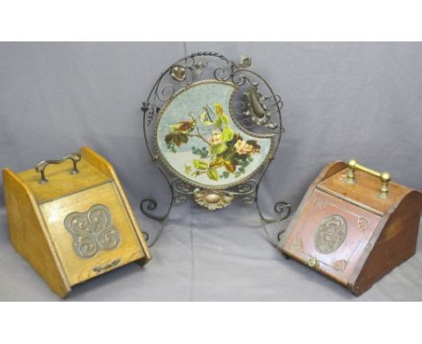 ARTS &amp; CRAFTS STYLE WROUGHT IRON &amp; COPPER MIRRORED FIRESCREEN with painted detail and two vintage lidded coal boxes i