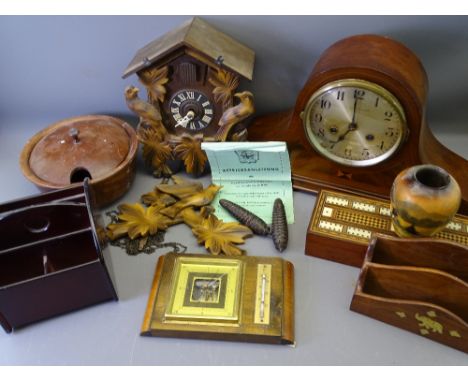 MODERN CUCKOO CLOCK, vintage inlaid mahogany mantel clock, good inlaid privet box containing bone and ebony dominoes along wi