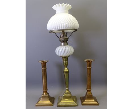 PAIR OF SQUARE BASED PLAIN COLUMN BRASS CANDLEHOLDERS, 23cms H and a square based brass oil lamp with milk glass reservoir an