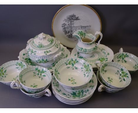 VICTORIAN 23 PIECE TEASET in green floral transfer consisting six cups, saucers and side plates, milk jug, sugar bowl, covere