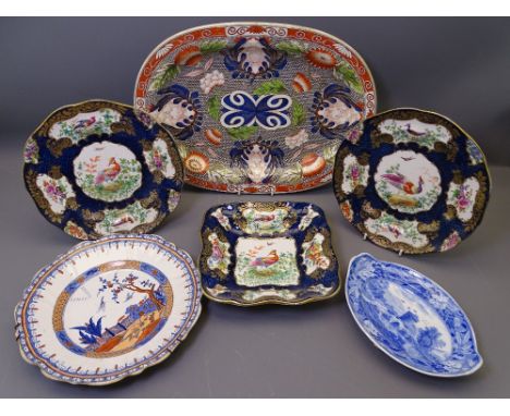 A STAFFORDSHIRE POTTERY PARCEL (6) including an oblong rounded platter by Wedgwood, rust, fan and scroll border with attracti