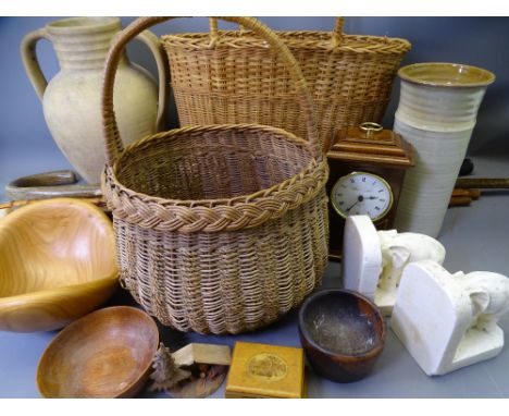WICKER BASKETS, VINTAGE &amp; LATER WALKING STICKS, modern Knight &amp; Gibbins London mantel clock, Mauchline ware lidded bo