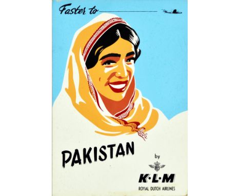 Original vintage travel office desk standee travel poster - Faster to Pakistan by KLM Royal Dutch Airlines - featuring a smil