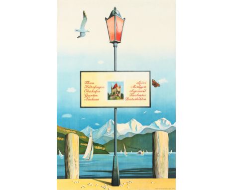 Original vintage travel poster featuring a great illustration depicting a lamppost in front of Lake Thun with sailing boats a