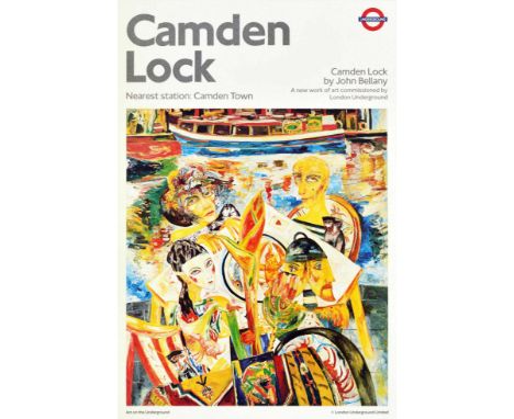 Original vintage London Underground poster for Camden Lock nearest station Camden Town. Colourful illustration depicting peop