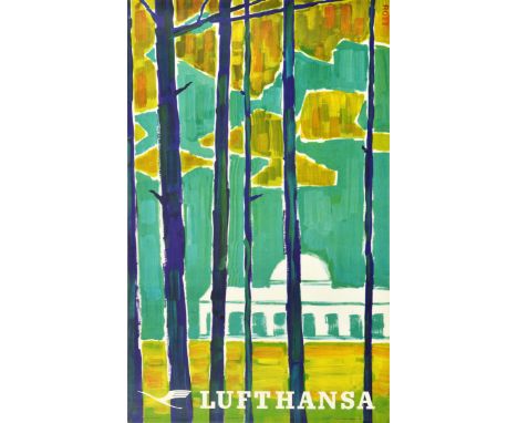 Original vintage travel poster issued by Lufthansa featuring a scenic view of a building visible between tall trees in the fo