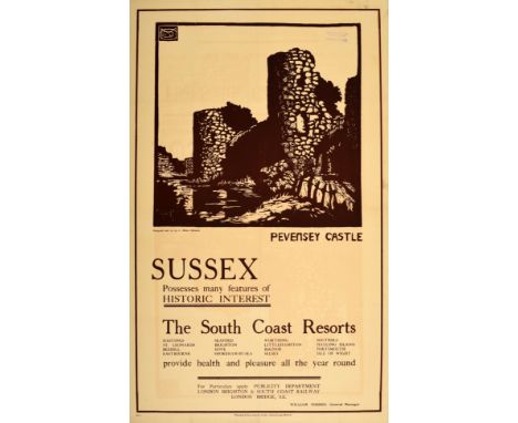 Original antique railway travel poster for Sussex featuring a stunning woodcut view of the ancient Pevensey Castle (a Roman f