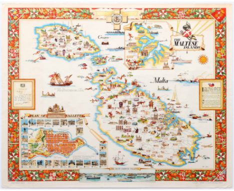 Original vintage travel advertising poster featuring a colourful and detailed illustrated map of the Maltese islands of Malta