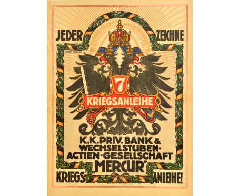Original antique World War One war loan poster - Everyone Draw a War Bond / Jeder Zeichne Kriegsanleihe - issued for the 7th 