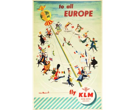 Original vintage travel poster issued by KLM Royal Dutch Airlines - Fly KLM to all Europe. The poster features a colourful an