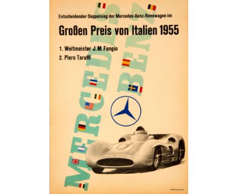 Original vintage poster published by Mercedes Benz to celebrate their Decisive Double Victory in the 1955 Italian Grand Prix 