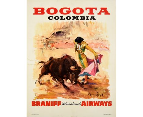 Original vintage travel poster for Bogota Colombia issued by Braniff International Airways featuring a colourful image of a b