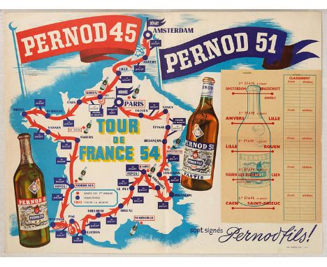 Original vintage poster advertising Pernod Fils featuring a colourful map of France with the Tour de France cycling race rout