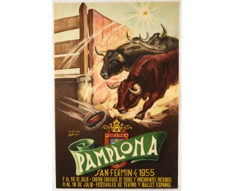 Original vintage poster for the Pamplona San Fermin de 1955 featuring a dynamic image of bulls running through an open wooden
