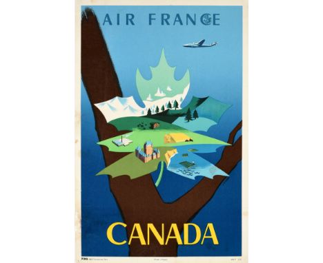 Original vintage travel advertising poster published by Air France to promote its flights to Canada featuring a colourful des