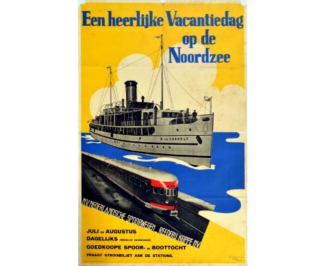 Original vintage travel advertising poster for A Wonderful Holiday on the North Sea with daily cheap rail and boat rides in J