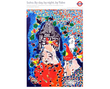 Original vintage London Underground poster for Soho. By day, by night, by Tube nearest stations Tottenham Court Road, Piccadi