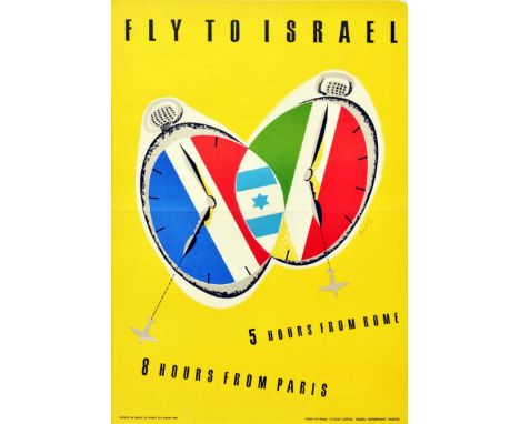 Original vintage travel poster - Fly to Israel 5 Hours from Rome 8 Hours from Paris - featuring a colourful mid-century graph