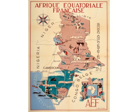 Original vintage pictorial map poster of French Equatorial Africa / Afrique Equatoriale Francaise featuring and illustrated d